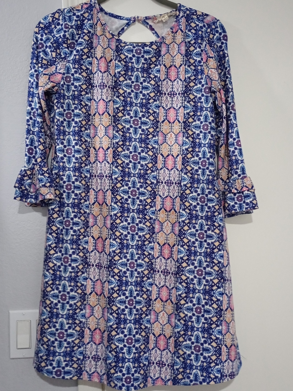 Pink Rose Blue and Pink Printed Midi Dress with Keyhole